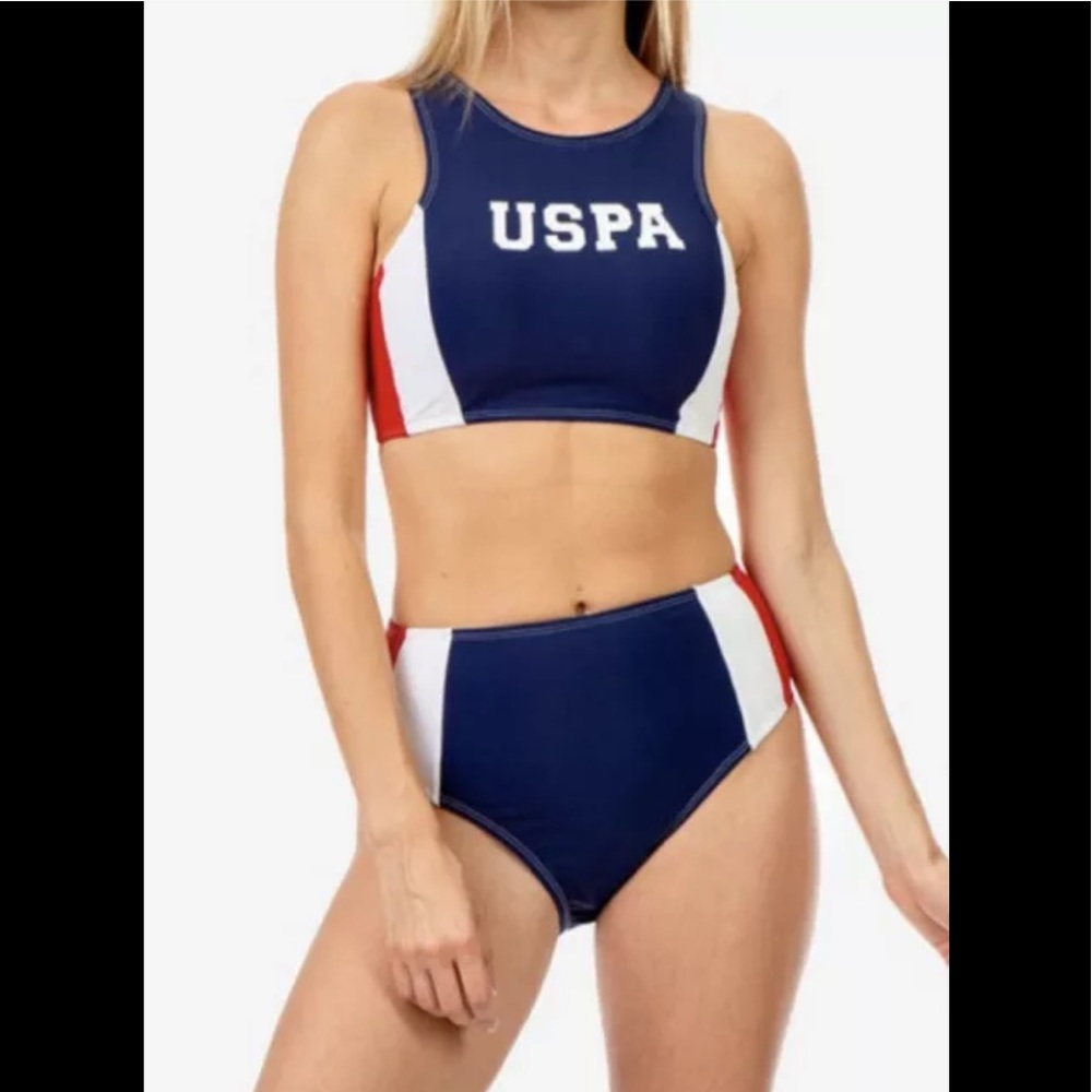 U.S. Polo Assn. Colorblock Timeless High Neck Top Bikini Swimsuit Set Sz M NWT